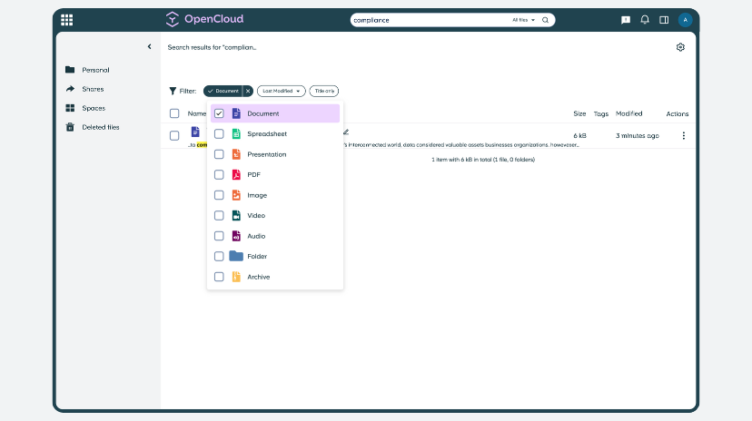 OpenCloud Filesharing Ansicht Suche und Filter