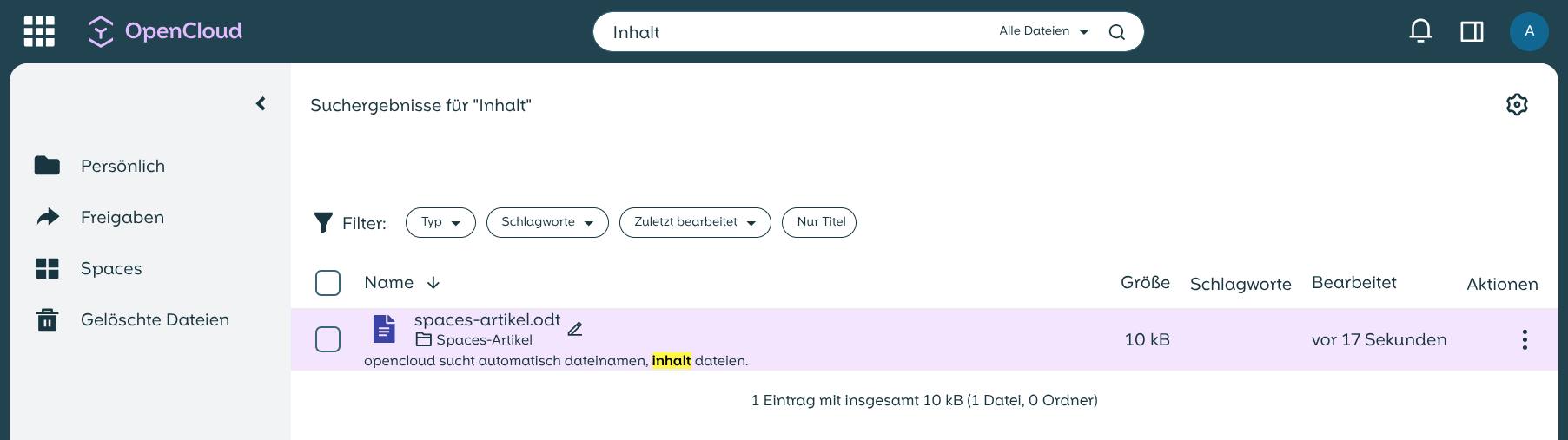 Smart Search OpenCloud Suchergebnis
